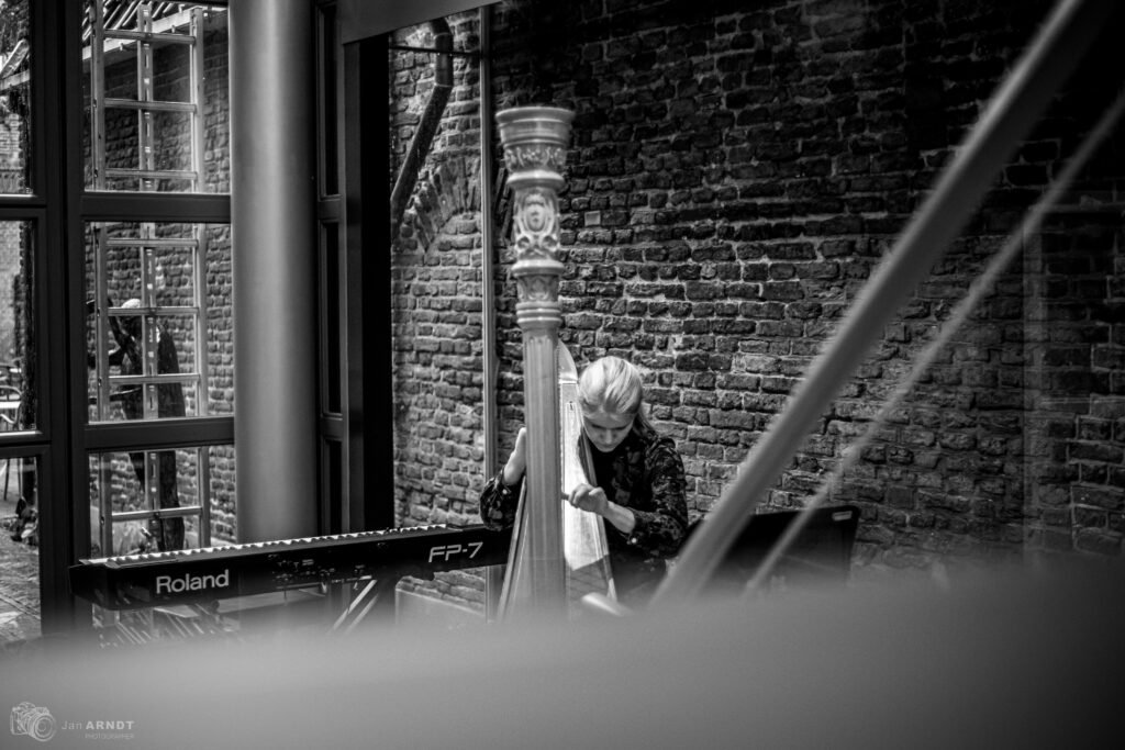 harp spelen zwart wit